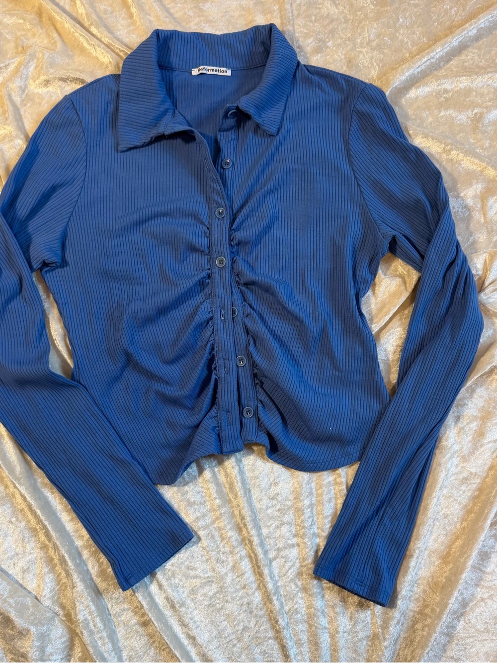 Reformation Blue Ribbed Ruched Button-Up Top – Size XL